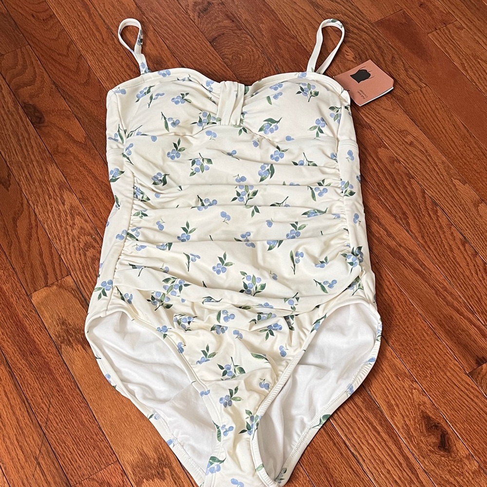 Floral Ruched One-Piece Swimsuit in Cream with Blue Blossoms